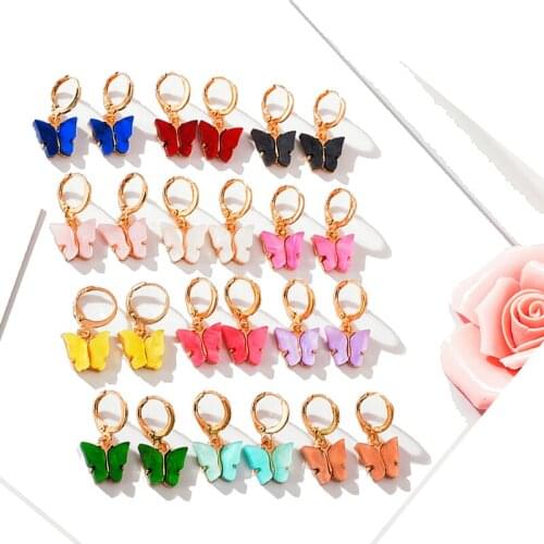 Kpop Colorful Fashion Acrylic Butterfly Suitable for Womens Hanging Gold Earrings Anti-oxidation Sweet Cute Animal Earrings