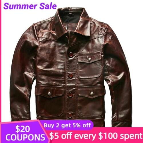 2021 Dark Brown Retro Casual Style Genuine Leather Jacket Men Plus Size 3XL Single Breasted Natural Cowhide Short Autumn Coat