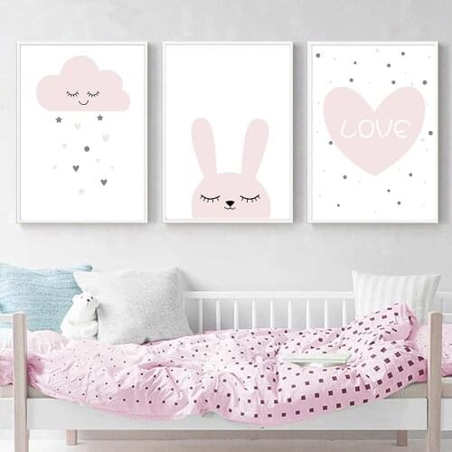 Nordic Pink Rabbit Wall Art Poster Heart Canvas Painting Nursery Cloud Art Print Abstract Pictures Baby Kids Girl Room Decor