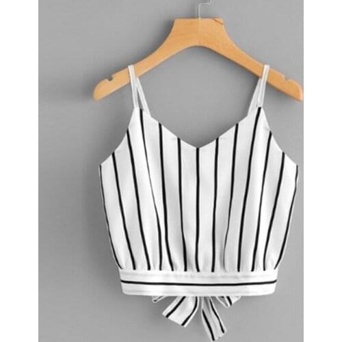 New Striped Split Tie Back Crop Tees Top Women Casual Spaghetti Strap Bow Top Vest Summer Knot Beach T Shirts