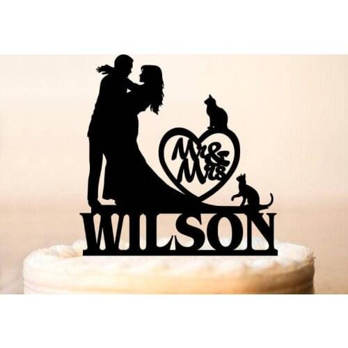 Mr and Mrs with cats Cake Topper, Wedding Cake Topper, Silhouette Cake Topper with cats,Surname Wedding Cake Topper,cat Cake Top