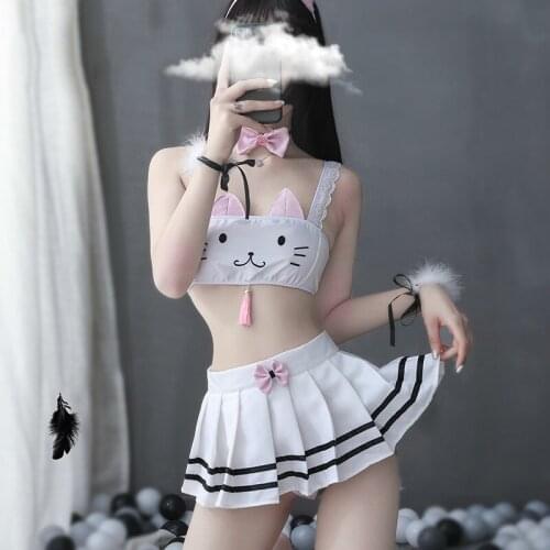 Japanese Cute Lolita Cat Women Erotic Lingerie Kawaii Girls Sexy Anime Underwear Miniskirt Cat Bra Ear Tail Sexy Set