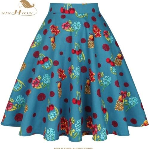 SISHION Women Vintage Big Swing Skirt VD0020 Cotton High Waist Green Cherry Flower Print Mid Skirt Female Mujer