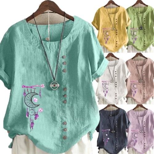 Summer Fashion Womens Dreamcacther Print Short-sleeved Round Neck Shirt Ladies Cotton and Linen Button Top Loose T-shirt Top