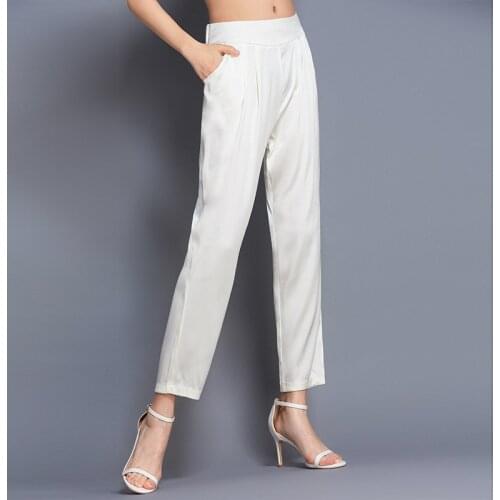 100% Silk Pants Women Simple Design Solid Elastic Waist Pockets Harem Trousers New Fashion Europe and American Style