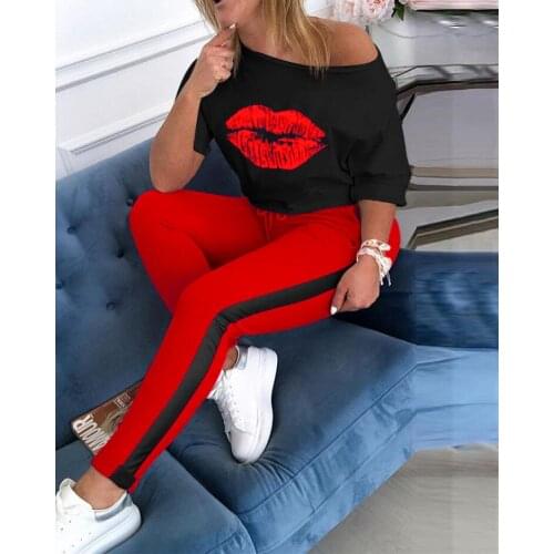 Casual Mouth Print Tracksuits Women Loose Half Sleeve O Neck Blouses Stripe Patchwork Long Pants Drawstring Pocket Two Piece Set