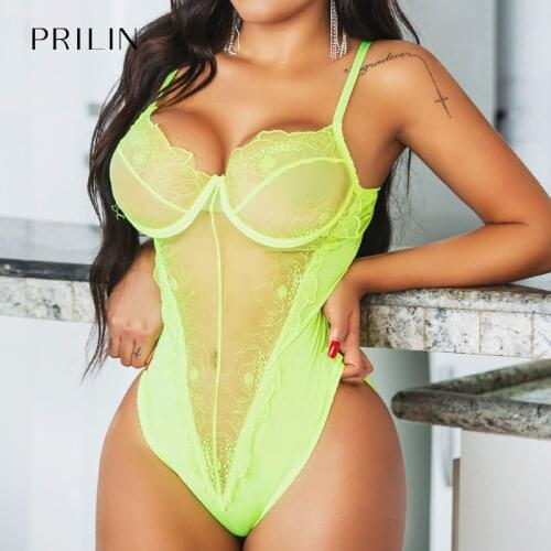 Women Sexy Bodysuits Corset Lace Underwire Bra Transparent Erotic Costumes One-piece Sensual Lingerie Sets Fluorescent Green