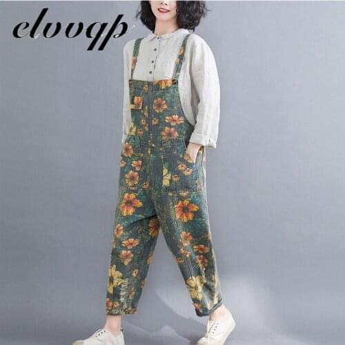 Spring Autumn Women Denim Jumpsuit Plus Size Suspenders Vintage Floral Print Overalls Elegant Casual Loose Female Jeans Rompers