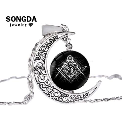 SONGDA Masonic Illuminati Necklace Square and Compass Mason Retro Printed Glass Dome Hollow Moon Pendant Necklace Freemason Gift
