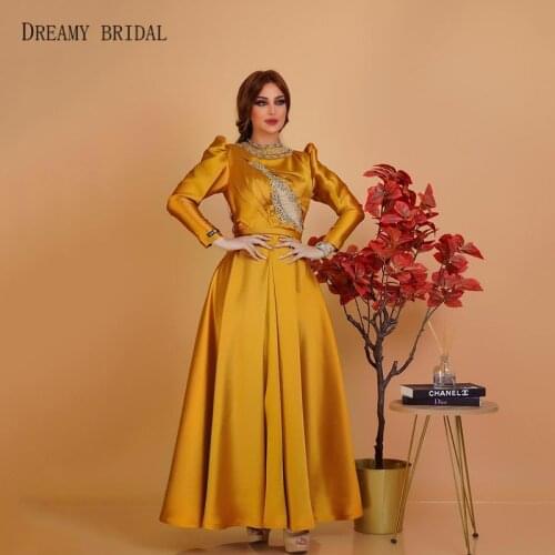 Gold Long Sleeves Celebrity Dreses A Line Satin Luxury Beaded Cut Out Custom Made Oscar Gowns