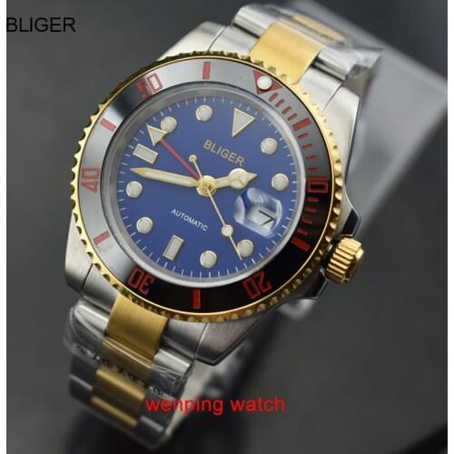 1 pcs Bliger 40mm Sapphire glass Steel Case blue Dial red GMT Luminou hands Automatic men watches E2426