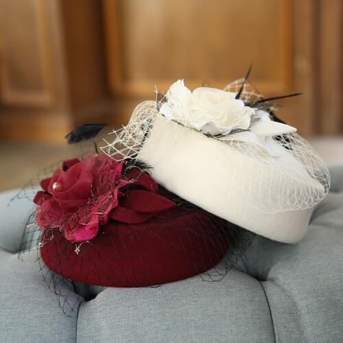 2019 Autumn Elegant Ladies Fedora Cap Pure Australian Wool Pillbox Beret Winter Women White Wool Wedding Party Veil Flower Hat