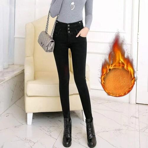 2020 Winter Thick Warm Fleece Woman Denim Pants High Elastic Waist Slim Jeans for Women Autumn Spring Pencil Pant Female
