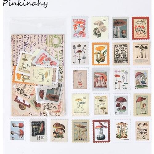 46pcs Retro Stamp Series Mushroom Collection Diary Mini Label Stickers Vintage Stamps Scrapbooking Korean Cute Washi Sticke