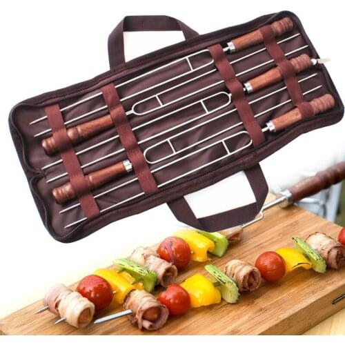 5pcs 16.5''(42cm) U shape BBQ Skewers Stainless steel Barbecue Kebab Skewer Wood Handle BBQ Forks in Portable Storage Bag