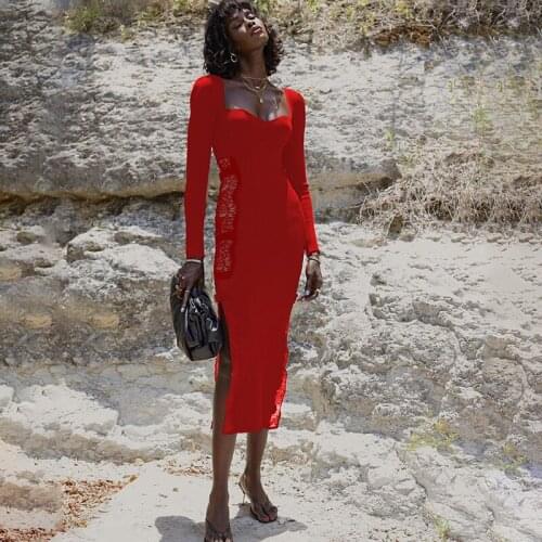 Free shipping high quality red sexy tight light V neck lace welt stitching rayon bandage evening party dress