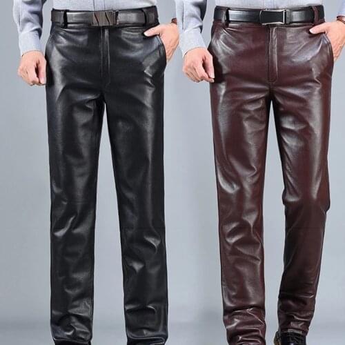 Men Genuine Leather Pants Straight Autumn Winter Leather Pants Casual Male Cowhide Leather Pants Trousers Plus Size 30#~38