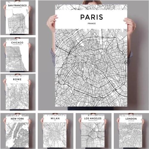Black and White World City Map New York Milan Paris Wall Art Canvas Poster Prints Nordic Style Paintings Picture for Living Room