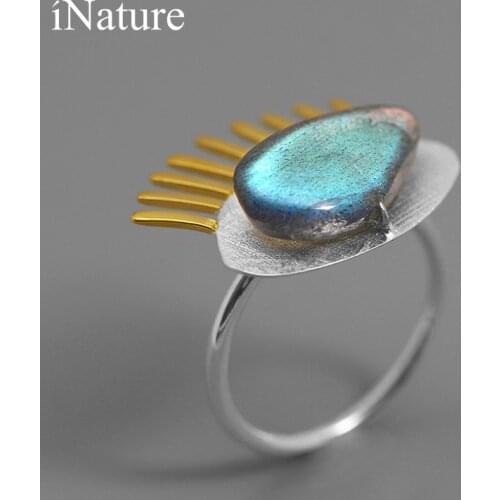 INATURE 925 Sterling Silver Blue Labradorite Big Eye Open Finger Rings for Women Party Jewelry Gifts