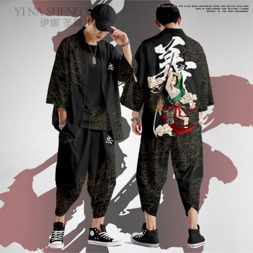 Men Chinese Style Black Print Cardigan Coat Pant Man Kimono Samurai Costumes Streetwear Haori Asian Yukata Fashion Kimono Suit