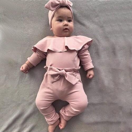 2Pcs Toddler Kids Baby Girl Ruffle Bodysuit Romper Top Solid Bowknot Pants Trousers Autumn Cotton Long Sleeve Outfit Clothes Set