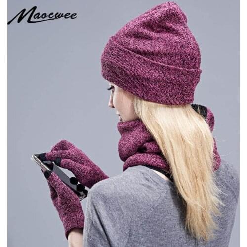 New 2021 Fashion Women Winter Hat and Scarf Gloves Set Cover Exercise To Keep Warm Outdoor Suits Touch Screen Gloves Add Villi