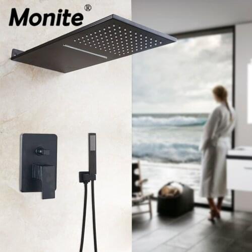 Monite Matte Black Bathroom Shower Faucet Solid Brass Wall Mounted Rainfall & Waterfall Shower Head Shower Faucet Set Mixer Tap