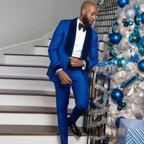 Blue 2 Piece Mens Suit One Button Velvet Shawl Lapel Wedding Tuxedos Tailor Groomsmen Blazer and Pants