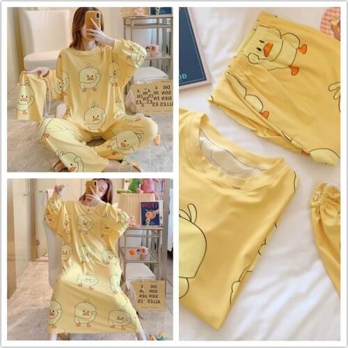 New Spring Hot Sale Women Cute Set Little Yellow Duck Long Sleeve O-Neck Sleepwear Pyjamas Soft Home Clothing With A Bag