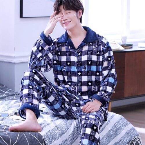 H5745 Autumn Winter Coral Fleece Pajamas Men Long Sleeve Flannel Homewear Male Warm Plus Velvet Thickened Comfortable Sleepwear