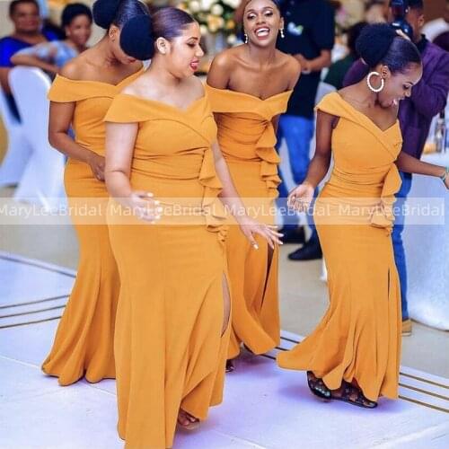 Off Shoulder Saffron Bridesmaid Dresses With Ruffle 2021 Plus Size Front Slit Mermaid Maid Of Honor Long Party Dress For Wedding