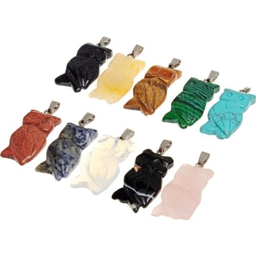 12pcs/lot Owl Healing Chakra Charms Beads Tourmaline Semi Precious Roses Quartz Crystal Stone Noctua Pendants for Necklace Free