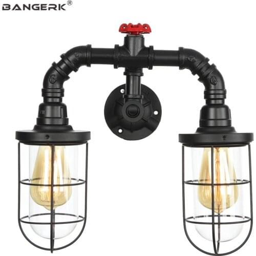 Double Iron Glass Vintage Sconce Wall Lamps LED Industrial Loft Water Pipe Wall Lights Switch Bedside Wall Lamp Home Decor