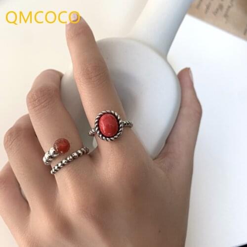 QMCOCO 2021 New Style Fashion 925 Silver Rings For Women Vintage Black Red Stone Chain Weaving Geometric Party Jewelry Gifts