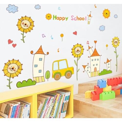 Happy School Cartoon Wall Stickers for Kids Room Kindergarten Bedroom Decoration Eco-friendly Vinyl Art Decals Wall Decor
