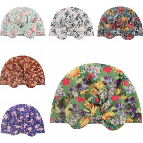 Yundfly Fashion Baby Girls Round Bowknot Turban Beanie Newborn Soft Floral Pattern Hat Children Hair Accessories