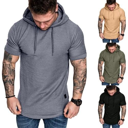 Mens Sweatshirt Short Sleeve Round Neck Hooded Hooded Solid Color Slim Comfortable Breathable Top New Fashion 2021