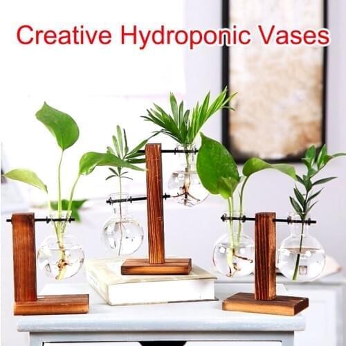 Terrarium Hydroponic Plant Vases Vintage Flower Pot Transparent Vase Wooden Frame Glass Tabletop Plants Home Bonsai Decor