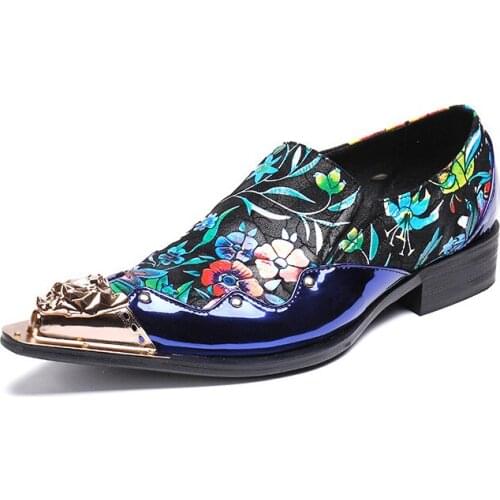Handmade Rock Mens Shoes Metal Pointed Toe Blue Genuine Leather Men Dress Shoes Oxford Flats Blue Flowers Party Shoes