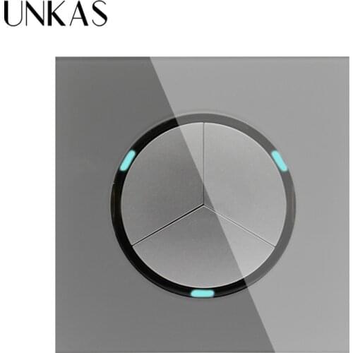UNKAS New Arrival 3 Gang 1 Way Gray Random Click On / Off Wall Light Switch With LED Indicator Crystal Glass Panel