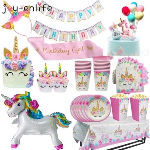 Girl Unicorn Party Supplies Pink Rainbow Unicorn Banner Plate Balloon Napkin Cupcake Wrapper Baby Shower Kids Birthday Decor