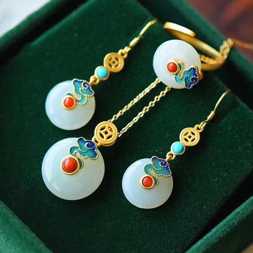 Vintage multicolor enamel jade gemstones drop earrings rings pendant necklaces for women jewelry bijoux party accessories gifts