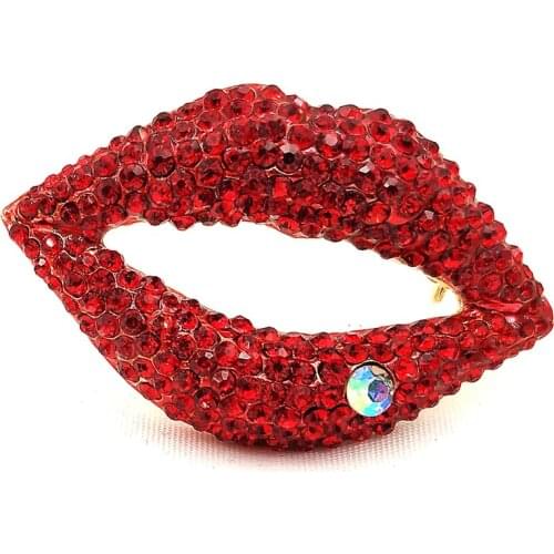Fantastic AB Accent Full Micro Pave Blood Red Crystal Sexy Red Lip Brooch Pin for Women Suit Outfit Dress Coat Sweater Accessory