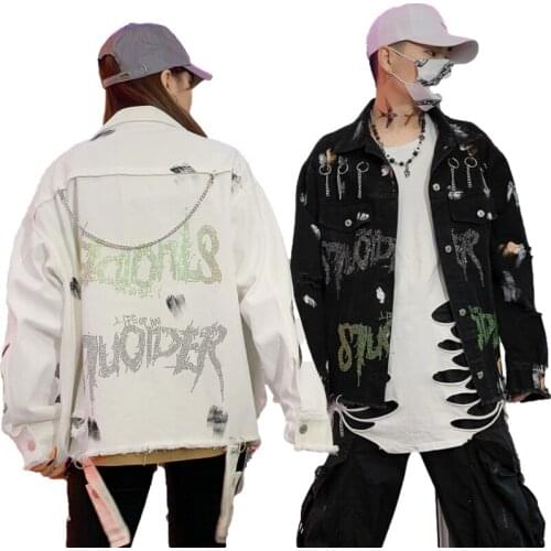 Fashion Diamond Letter Denim Coat Women Clothes Spring New Harajuku Streetwear Loose Chain Hole Burrs Jacket Ladies Hip Hop