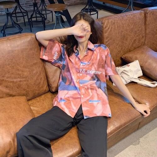 Women Girl Street Wear Retro Blouse Summer Elegant Ladies Short Sleeve Shirts Polo Shirt Letter PINK Print Loose Tops