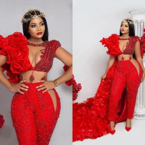 2021 Aso Ebi Jumpsuit with Wrap Red Prom Dresses Crystals Pant Suit Ruffle Party Second Reception Gowns Plus Size Evening Dress