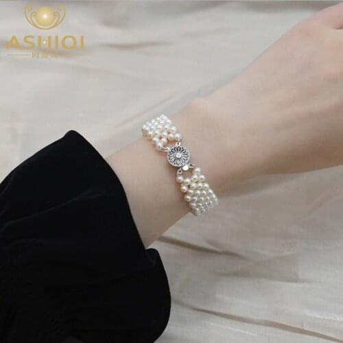 ASHIQI natural freshwater pearl 925 sterling silver braided vintage personality bracelet for women