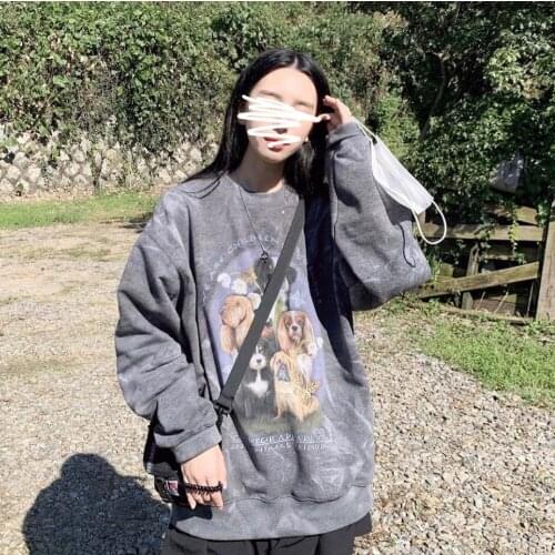 Dark street Harajuku autumn and winter tie-dye cute dog print round neck loose pullover sweater coat women y2k top E-girl jacket