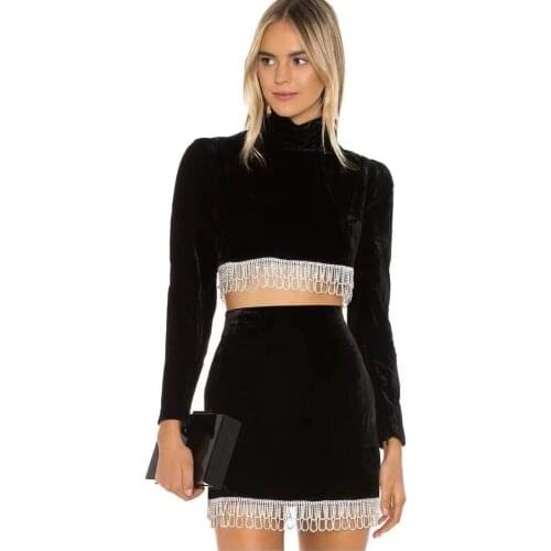 High Quality Black Sexy Turtleneck Full Sleeve Diamonds Tassel Chic Velvet Two Piece Set Celebrity Designer Fashion Party Suit