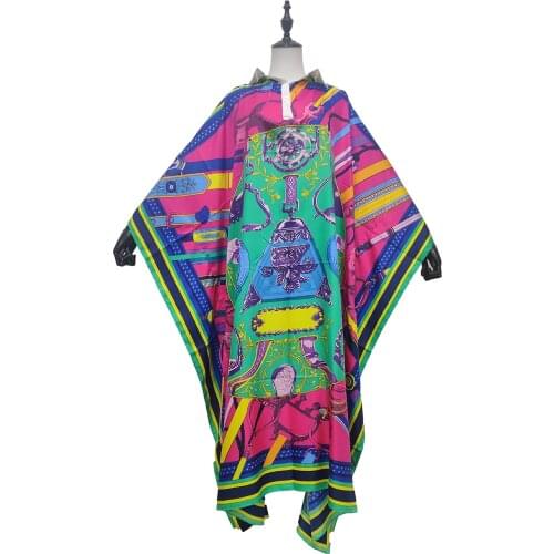 Kuwait 2021 New Fashion European Printed Silk High Collar Batwing Sleeve Maxi Dress Traditional African robe africaine femme